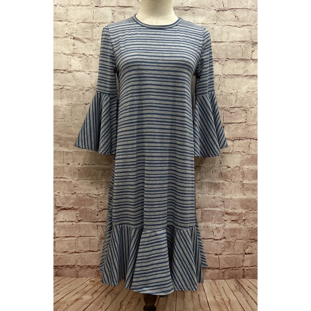 LuLaRoe Maurine Ruffle Midi Shift Dress Gray Blue Striped Stretch Knit Size XS